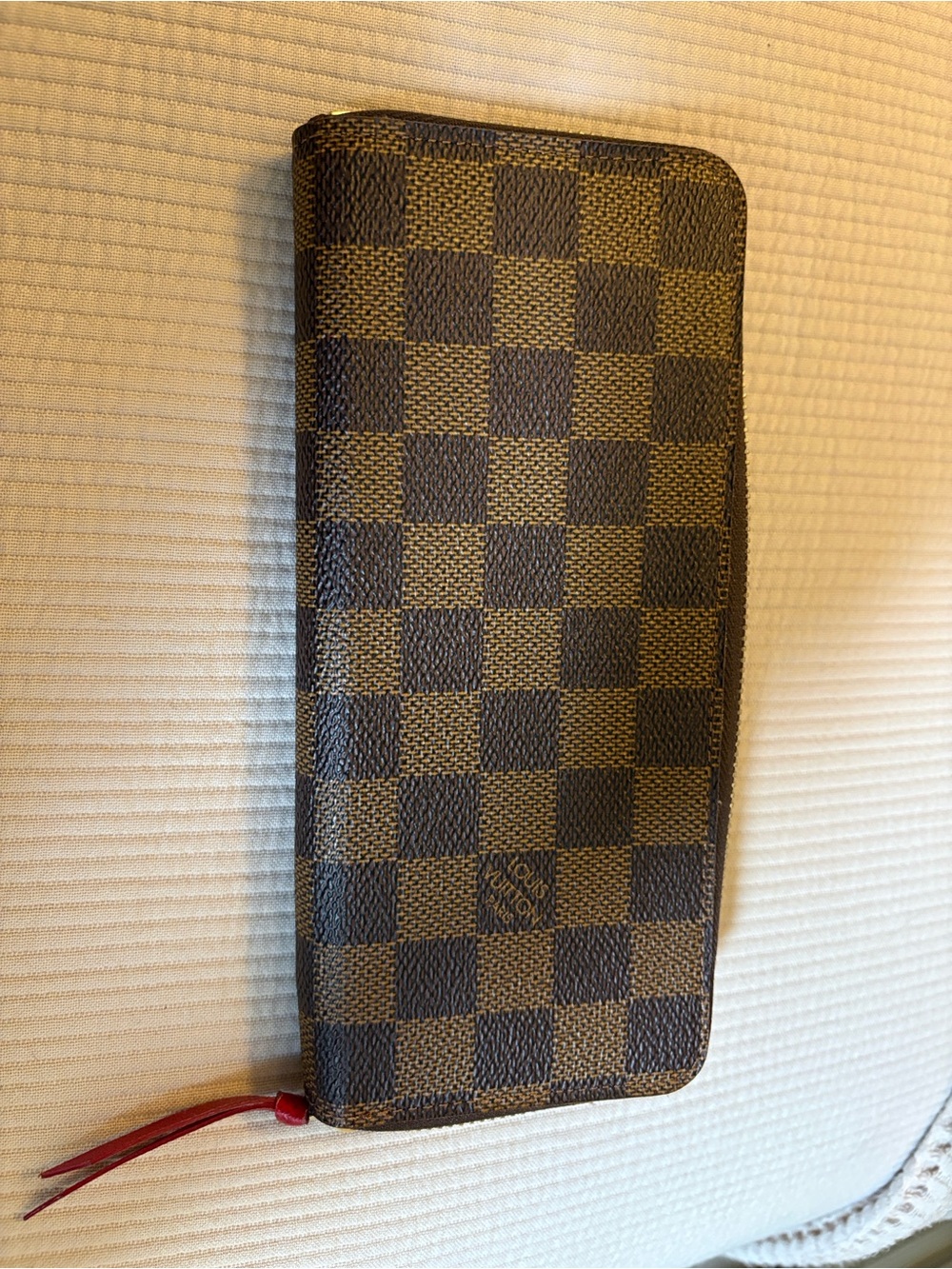Louis Vuitton Clemence Damier Ebene Long Brown Checkered Zip Wallet with Red Pul